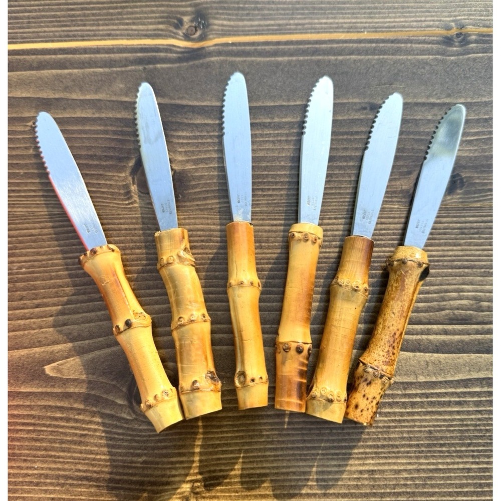 Vintage Horchow Serrated Bamboo Handle Steak Knives Set 6 Japan Chinoiserie Boxe